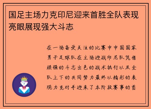 国足主场力克印尼迎来首胜全队表现亮眼展现强大斗志